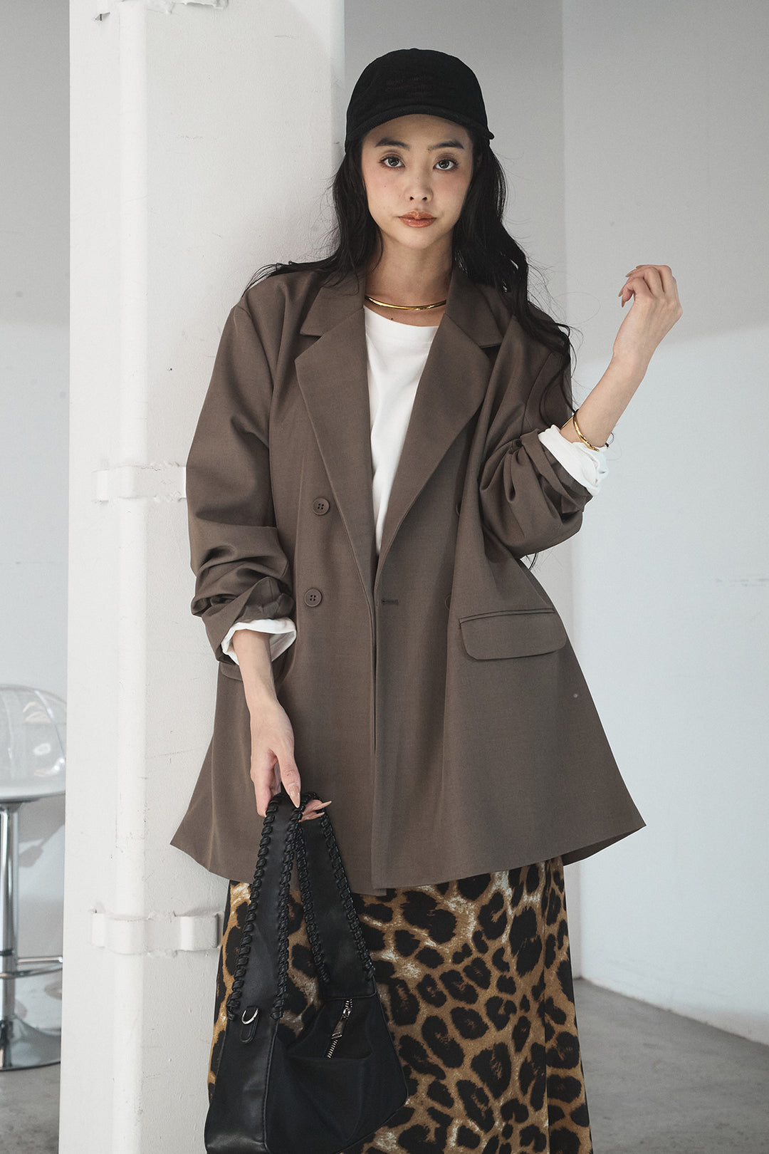 [SET]ルーズシルエットダブルテーラードジャケット+ストレッチロングTシャツ+レオパードサテンナロースカート(3set)