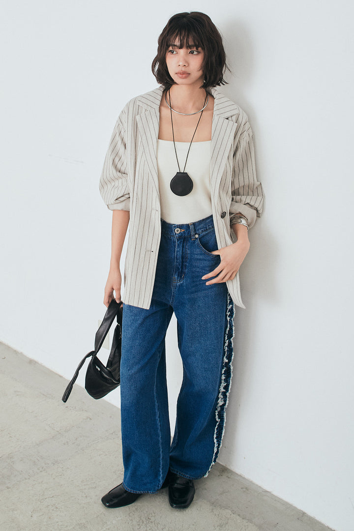 [SET]リネンライクストライプテーラードジャケット+デニムサイドフリルパンツ(2set)