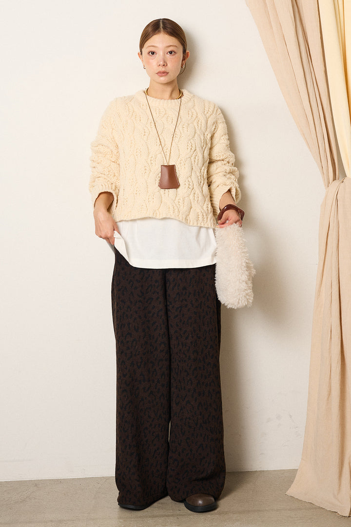 [SET]ケーブルリラックスショートニット+レオパードジャガードニットパンツ(2set)