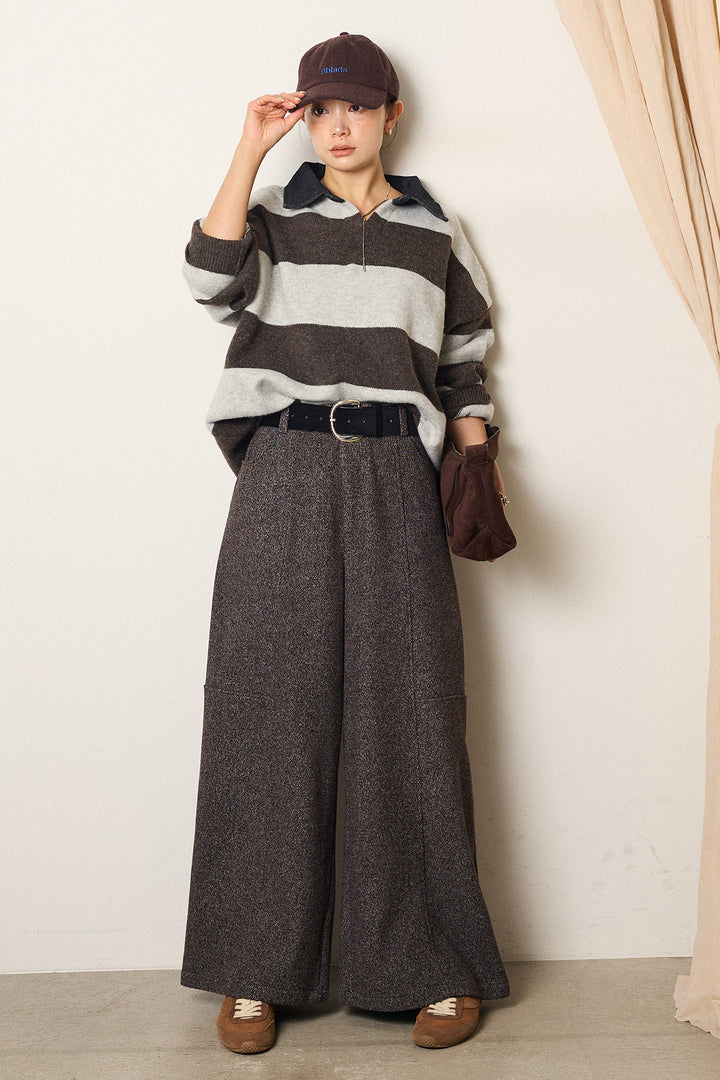 [SET]デニムカラーボーダールーズニット+太ベルト付きツイードワイドパンツ(2set)