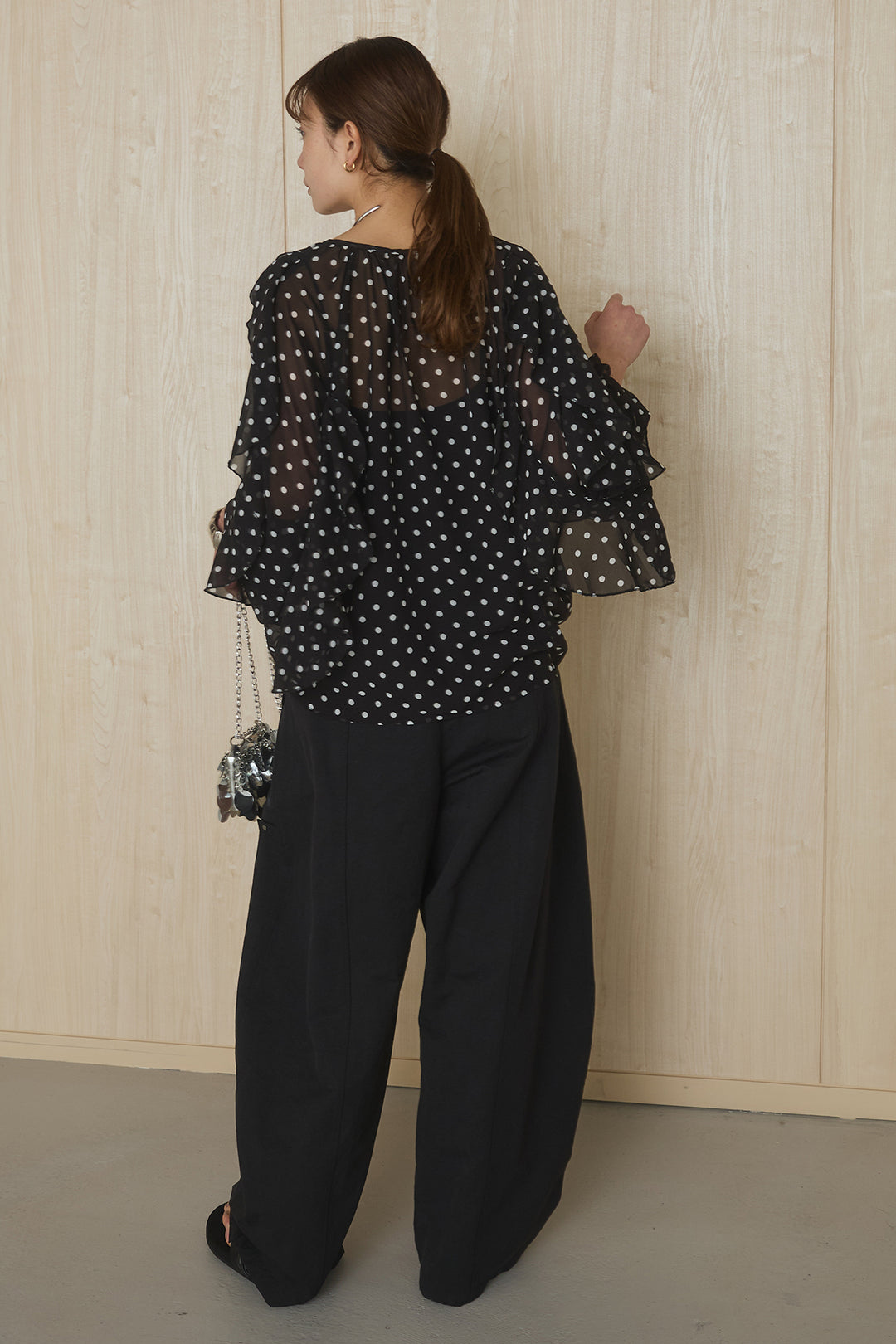 [SET]ドットフリル長袖ブラウス+コットンポリツータックセンターシームカーブパンツ(2set)