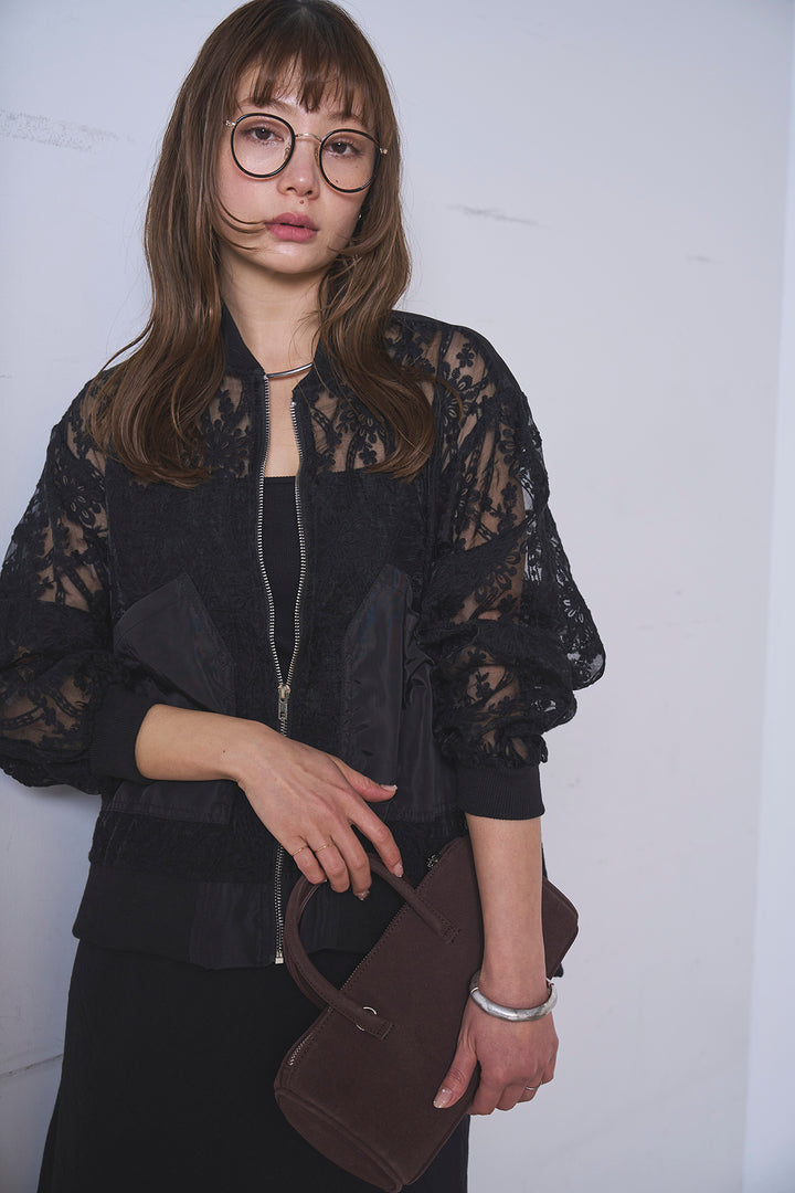 [SET]ノーカラーレースブルゾン+リネンブレンドロングナロースカート(2set)