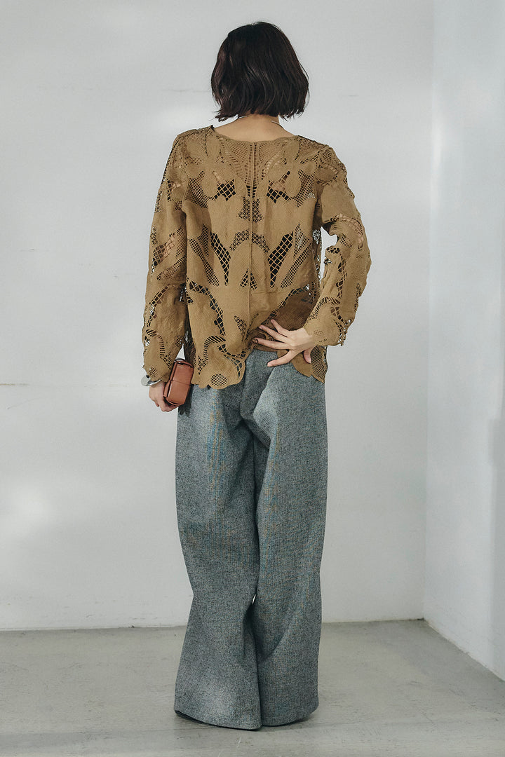 [SET]フラワー刺繍レースブラウス+サイドボタンツイードタックパンツ(2set)