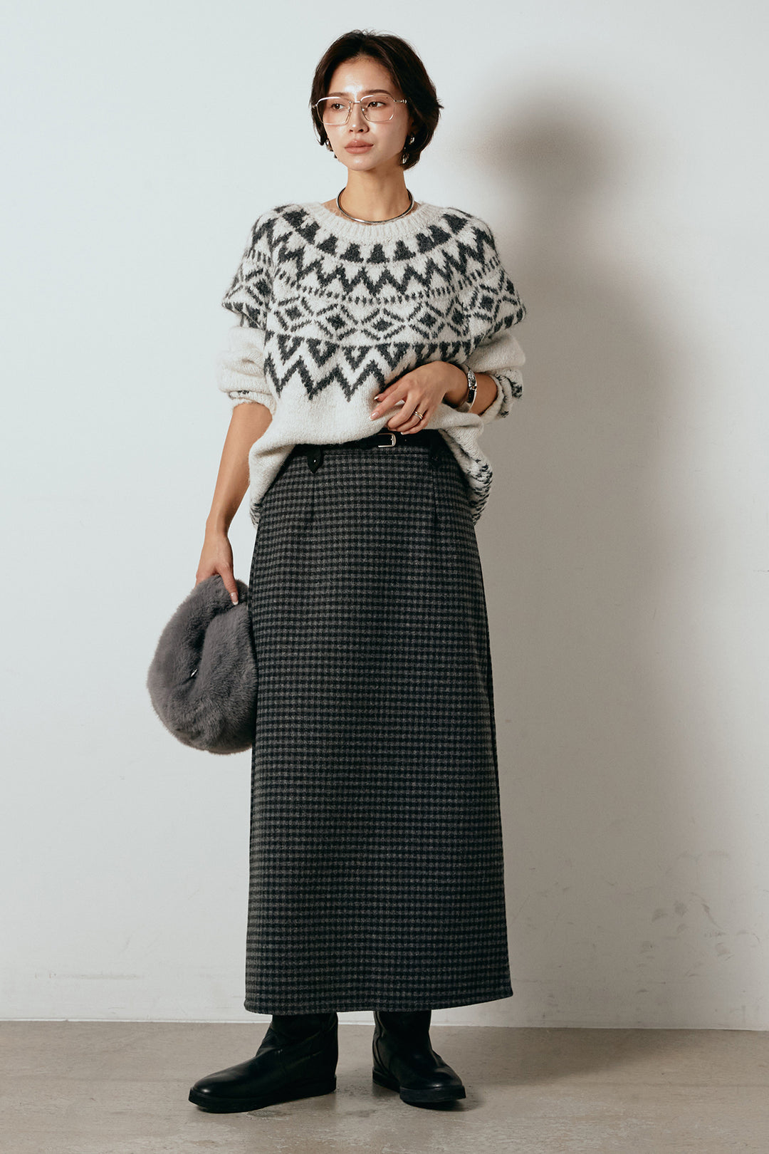 [SET]ノルディック柄Uネックプルオーバー+スエード調ベルト付きチェックナロースカート(2set)