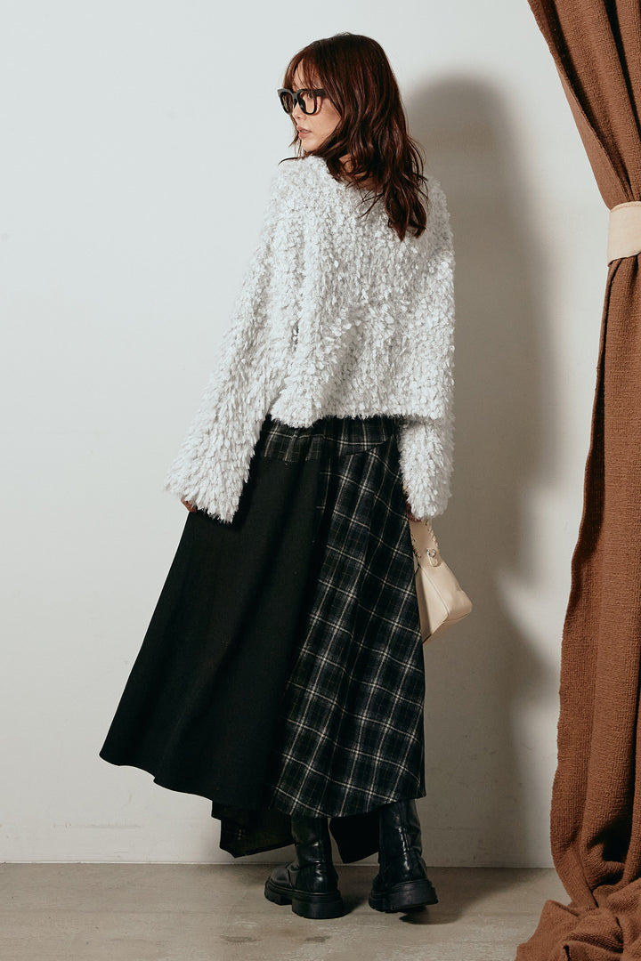 [SET]深Vネックチョウチョヤーンニットトップス+フェイクレザーベルト付き切り替えタータンチェックスカート(2set)