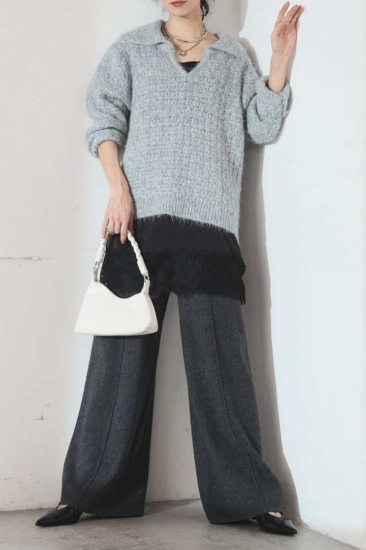 [SET]襟付きVネックニットトップス+レース切り替えキャミソール+センターラインニットパンツ(3set)