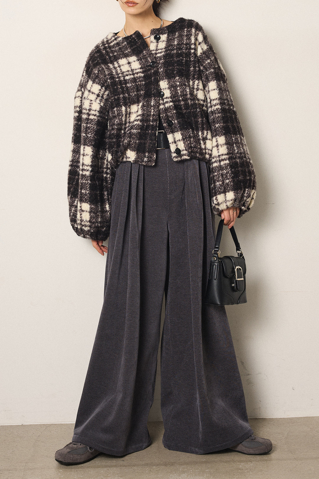 [SET]ノーカラーチェック柄ボアブルゾン+ベルトループコーデュロイワイドパンツ(2set)