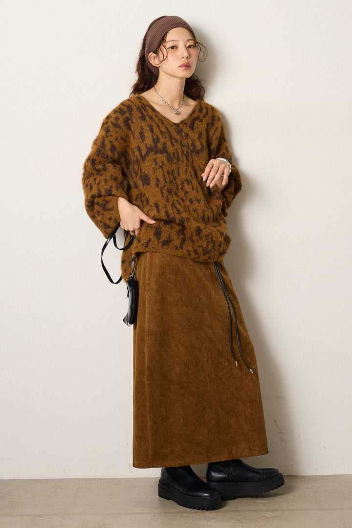 [SET]フラッフィーレオパードシャギーニット+ロープベルト付きスウェード調スカート(2set)