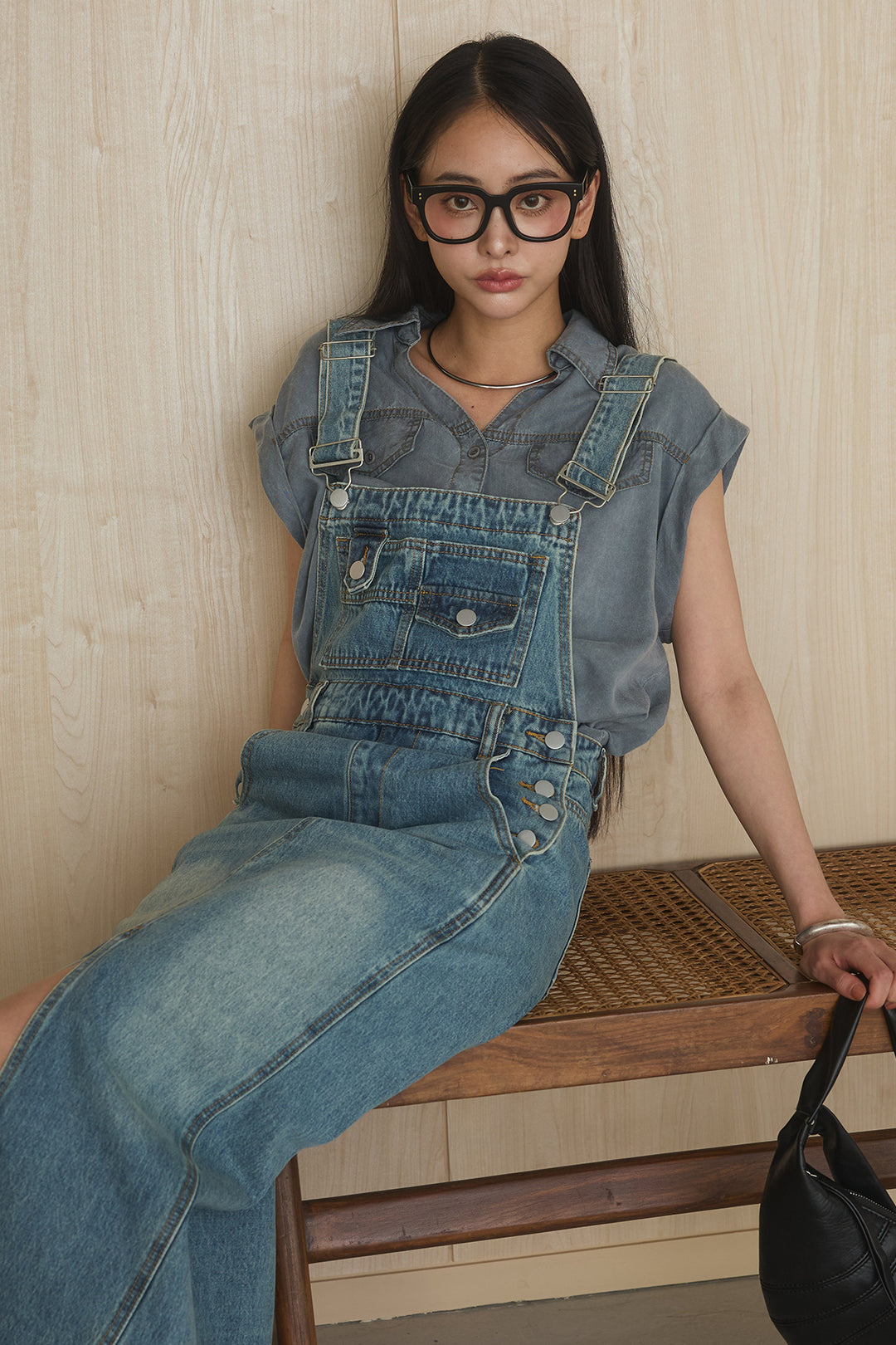 [SET]リヨセルデニムノースリシャツ+センタースリットデニムジャンスカ(2set)