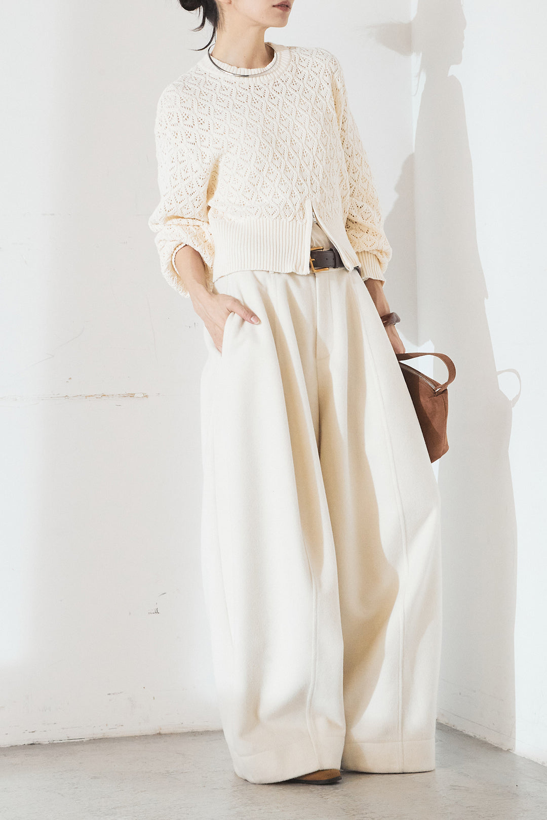 [SET]透かし編みニットジップスリットプルオーバー+ウールタッチカーブワイドパンツ(2set)