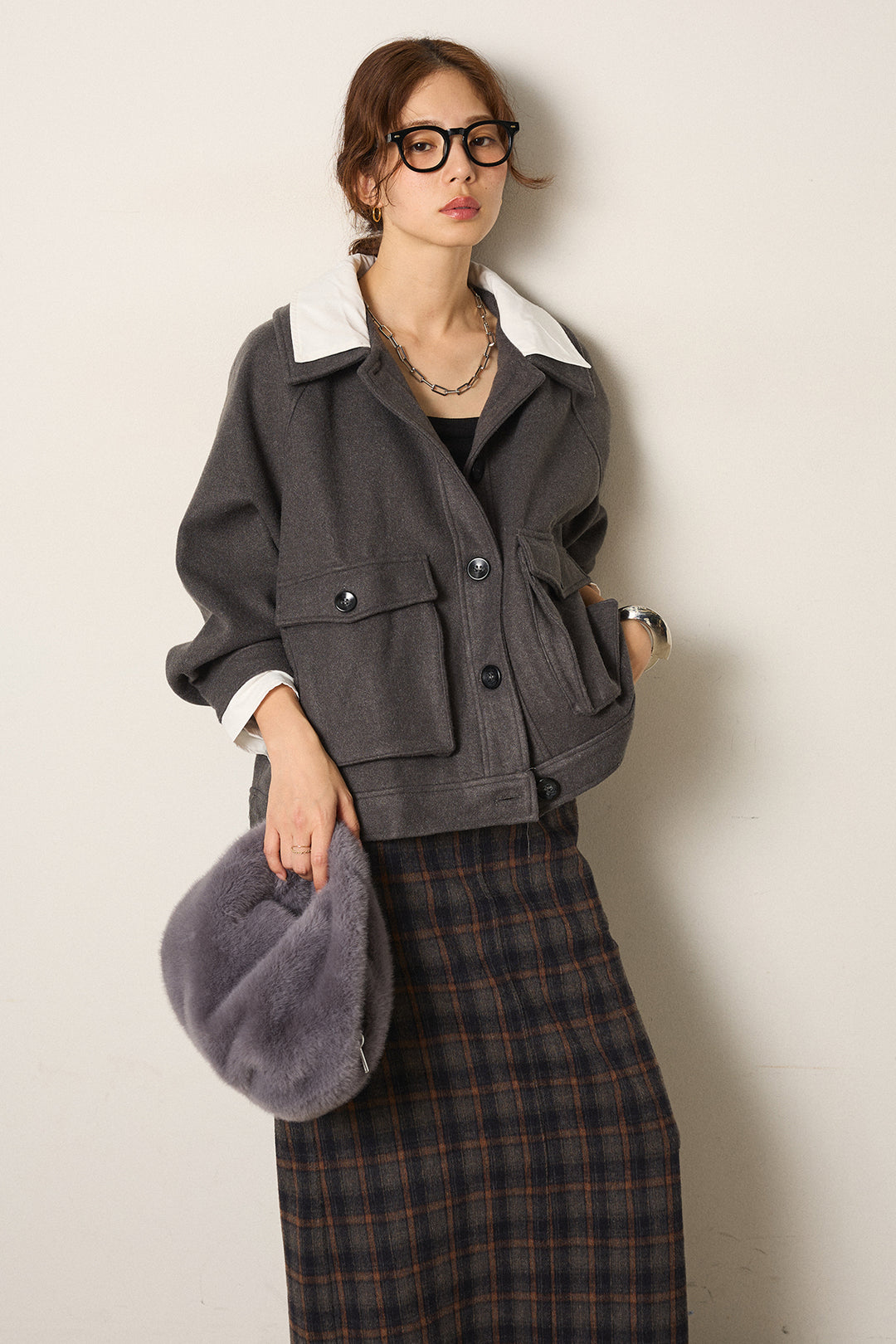 [SET]衿レイヤードフェイクウールジャケット+シャギーチェックストレートスカート(2set)