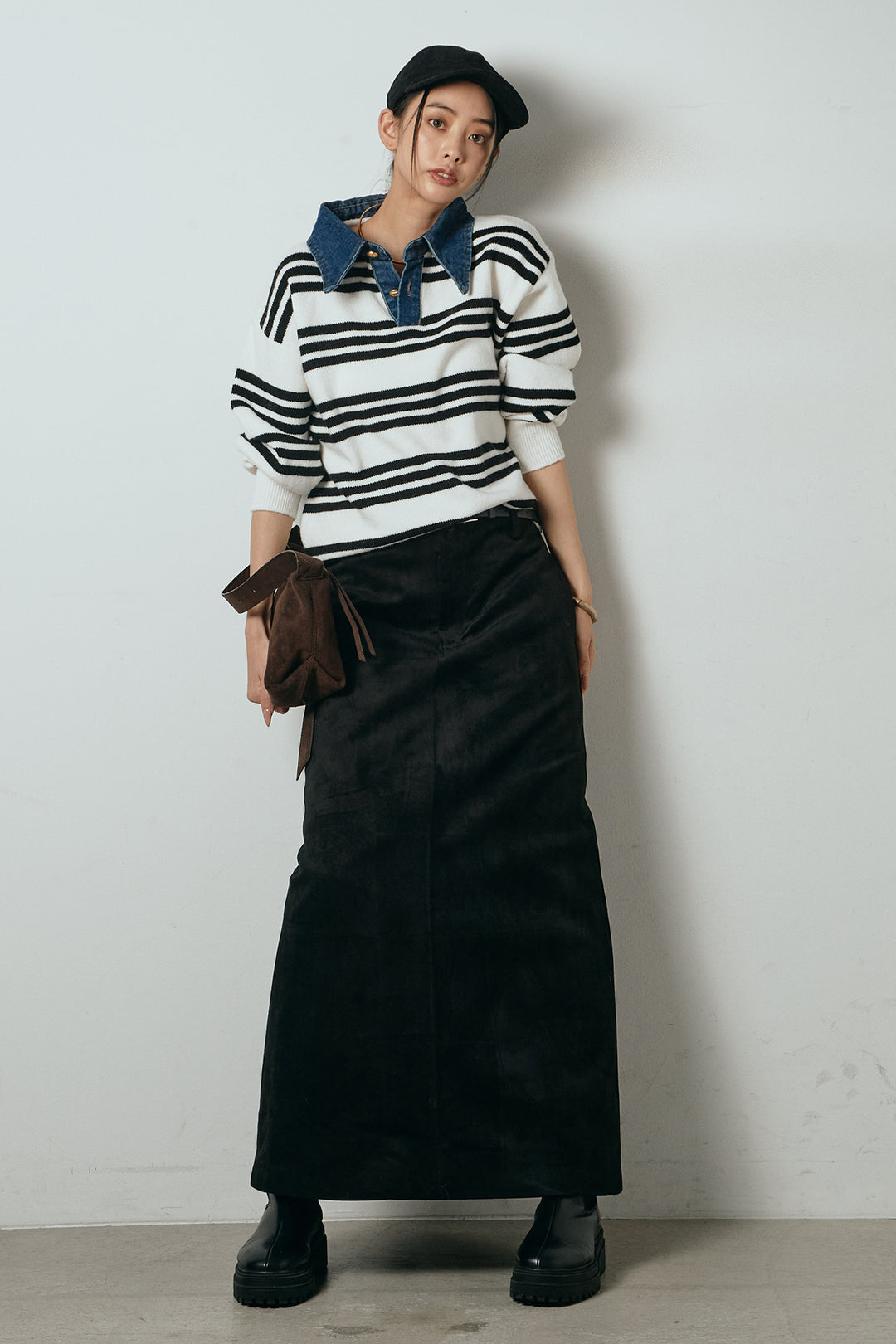 [SET]デニムレイヤード風ランダムボーダーニットプルオーバー+エコスウェードワイドスカート(2set)