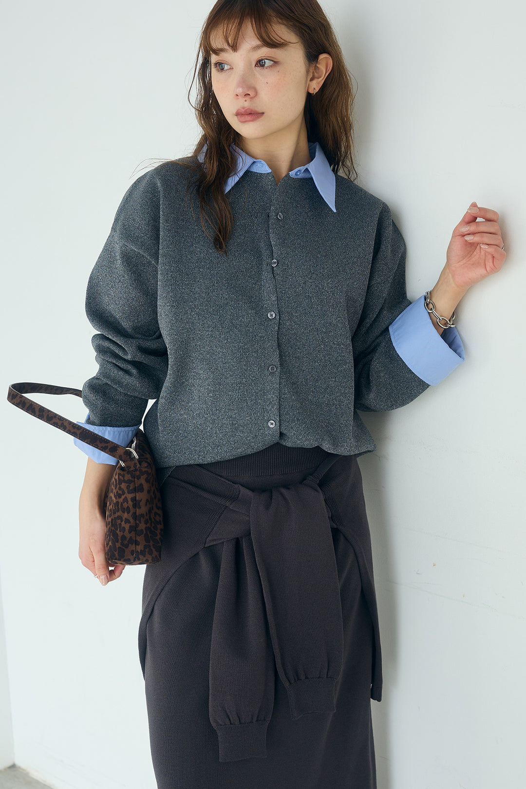 [SET]シャツレイヤード風カーディガン+レイヤードニット巻きスカート(2set)