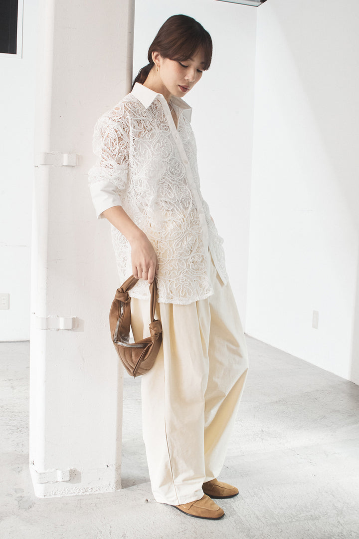 [SET]刺繍レースオーバーサイズシャツ+合繊ツイルパイピングタックカーブパンツ(2set)