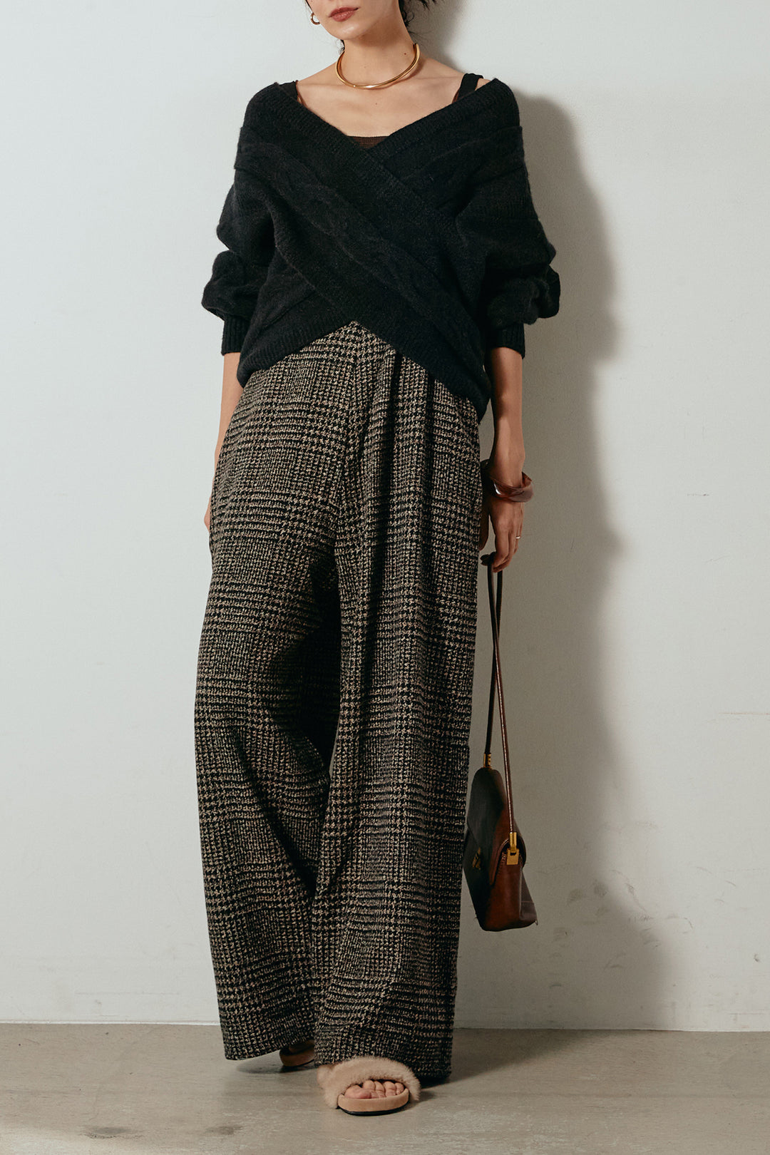 [SET]ケーブルカシュクールニットトップス+前後2wayグレンチェック柄スカーチョサロペット(2set)