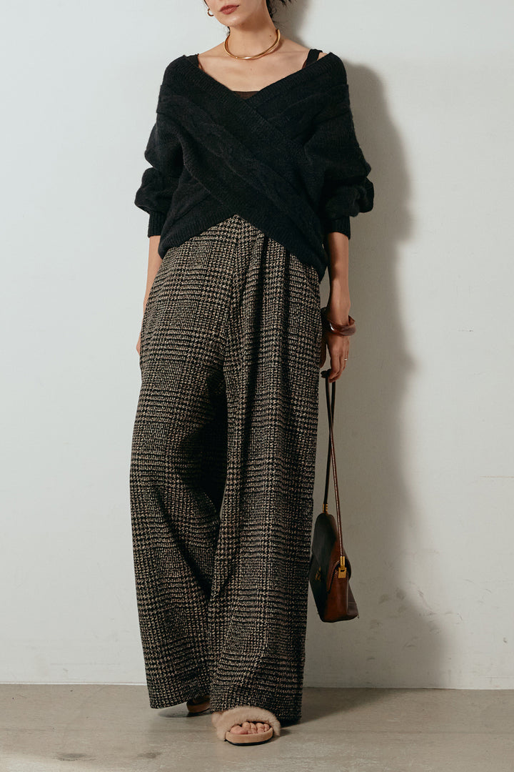 [SET]ケーブルカシュクールニットトップス+前後2wayグレンチェック柄スカーチョサロペット(2set)