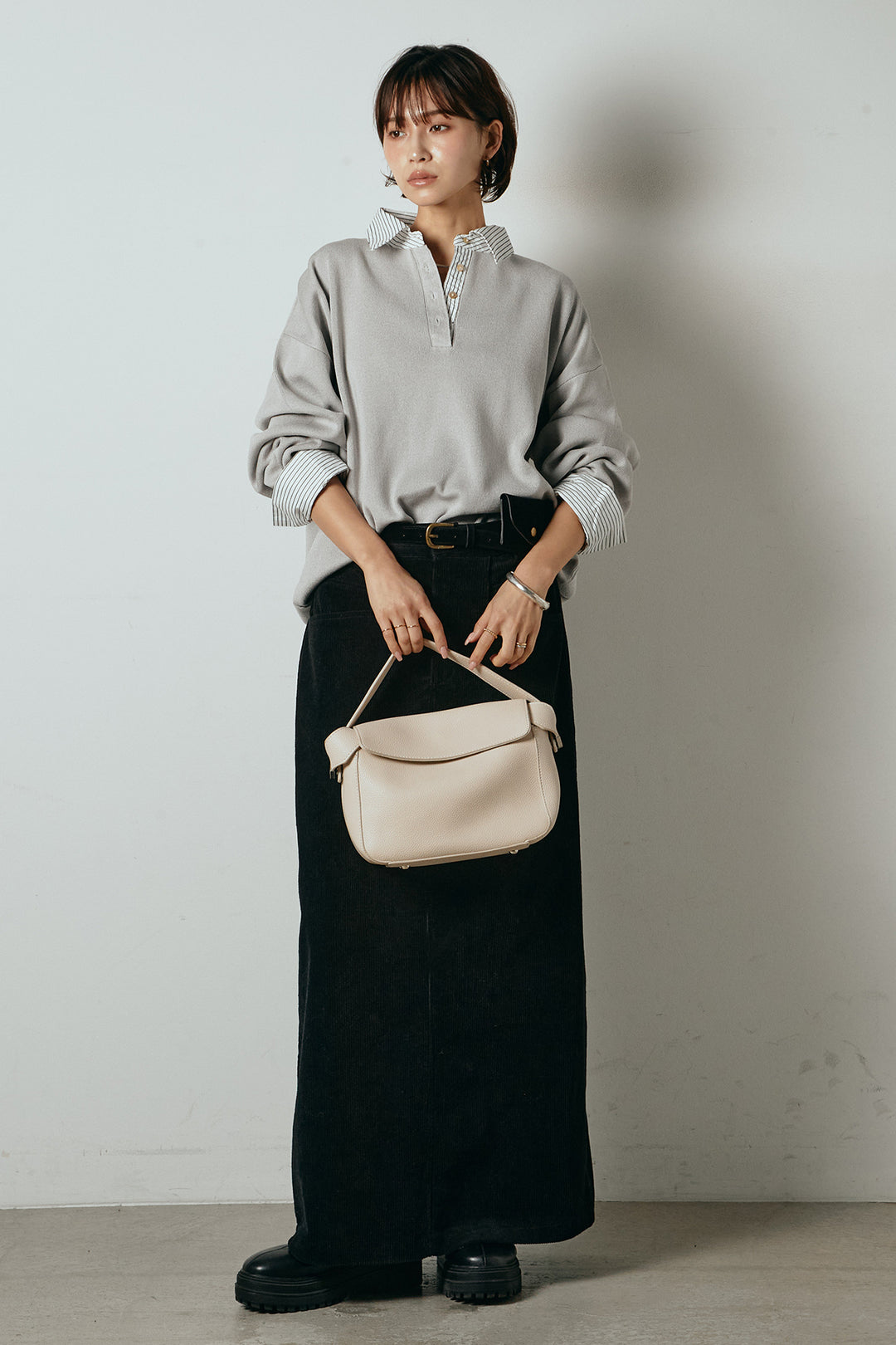 [SET]ストライプシャツドッキングポロトップス+ポーチベルト付きコーデュロイワイドスカート(2set)