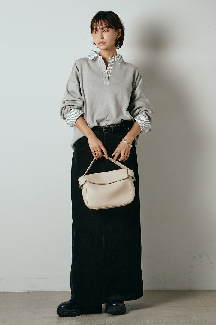 [SET]ストライプシャツドッキングポロトップス+ポーチベルト付きコーデュロイワイドスカート(2set)