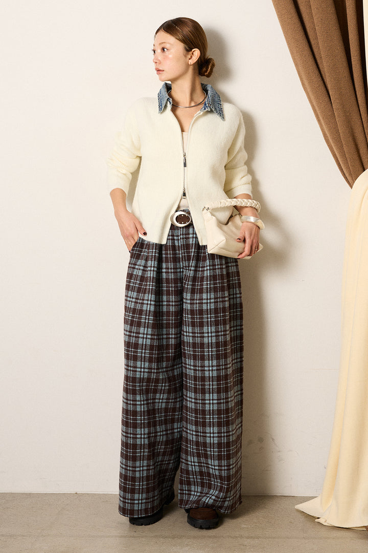 [SET]デニム襟ダブルジップニットトップス+スタッズデザインベルトタータンチェックパンツ(2set)