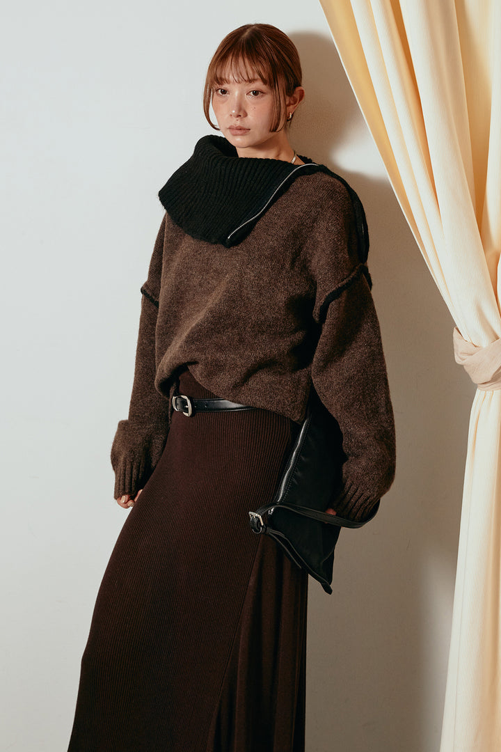 [SET]ハイネックジップデザインニットトップス+サイド切り替えリブニットロングスカート(2set)