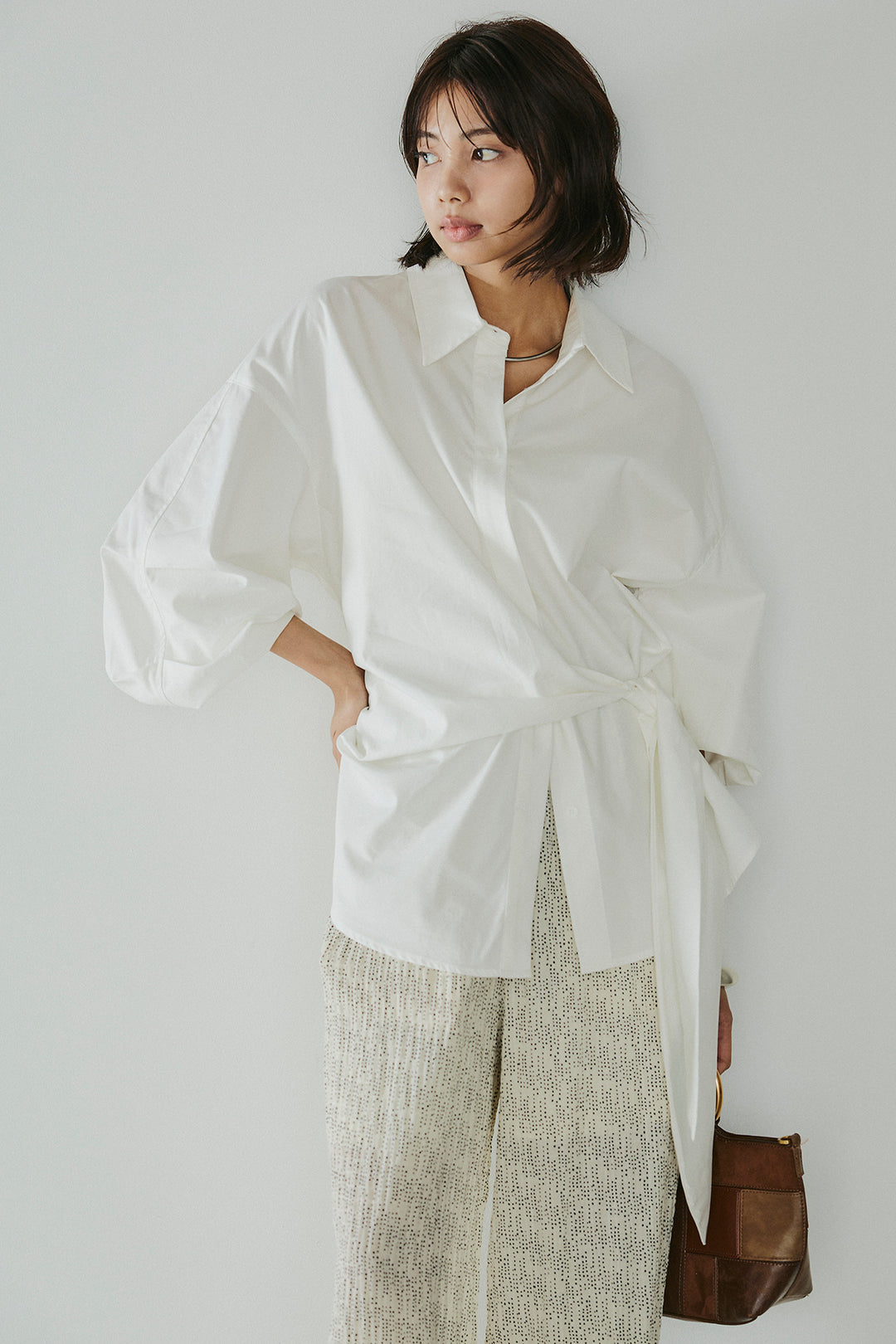 [SET]襟付き巻きデザインシャツ+シアーランダムドットラフパンツ(2set)