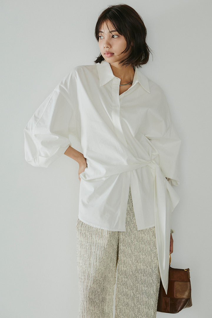 [SET]襟付き巻きデザインシャツ+シアーランダムドットラフパンツ(2set)