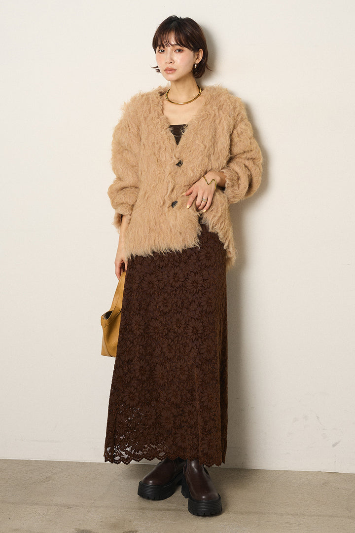 [SET]起毛シャギーニットカーディガン+花柄刺繍ベロアフレアスカート(2set)