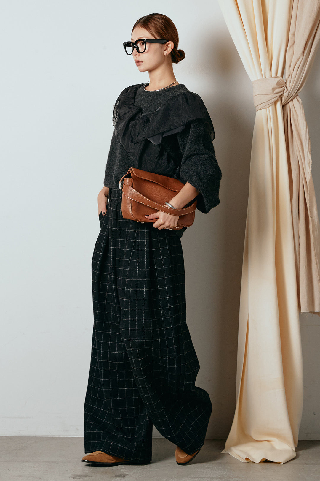 [SET]アシンメトリーフリルニットトップス+ウールライクチェックタックパンツ(2set)