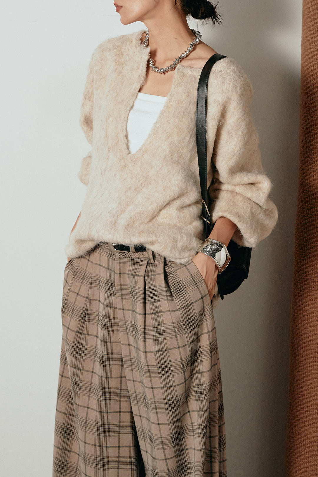 [SET]ミックスシャギー深Vニット+タック入りタータンチェックワイドパンツ(2set)