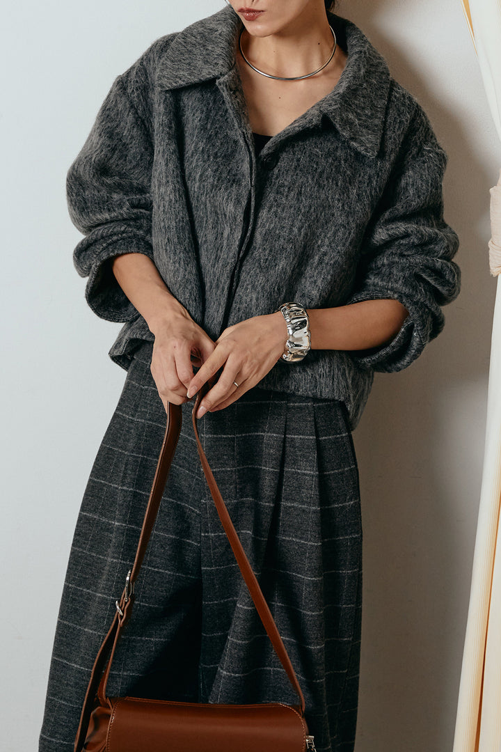 [SET]シャギーショートジャケット+スクエアチェック柄ワイドパンツ(2set)