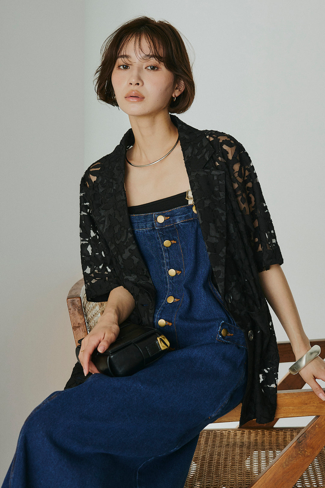 [SET]シアージャガードハーフスリーブテーラードジャケット+配色ショルダーデニムサロペットスカート(2set)