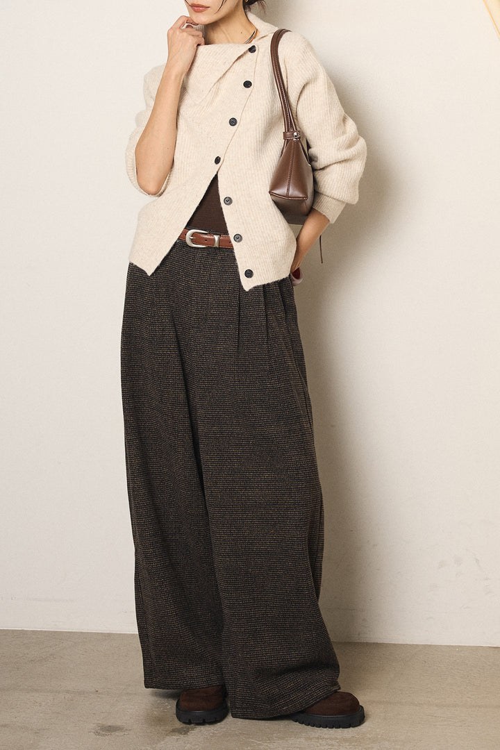[SET]ボタンデザインネックニットプルオーバー+起毛タック入りツイードワイドパンツ(2set)