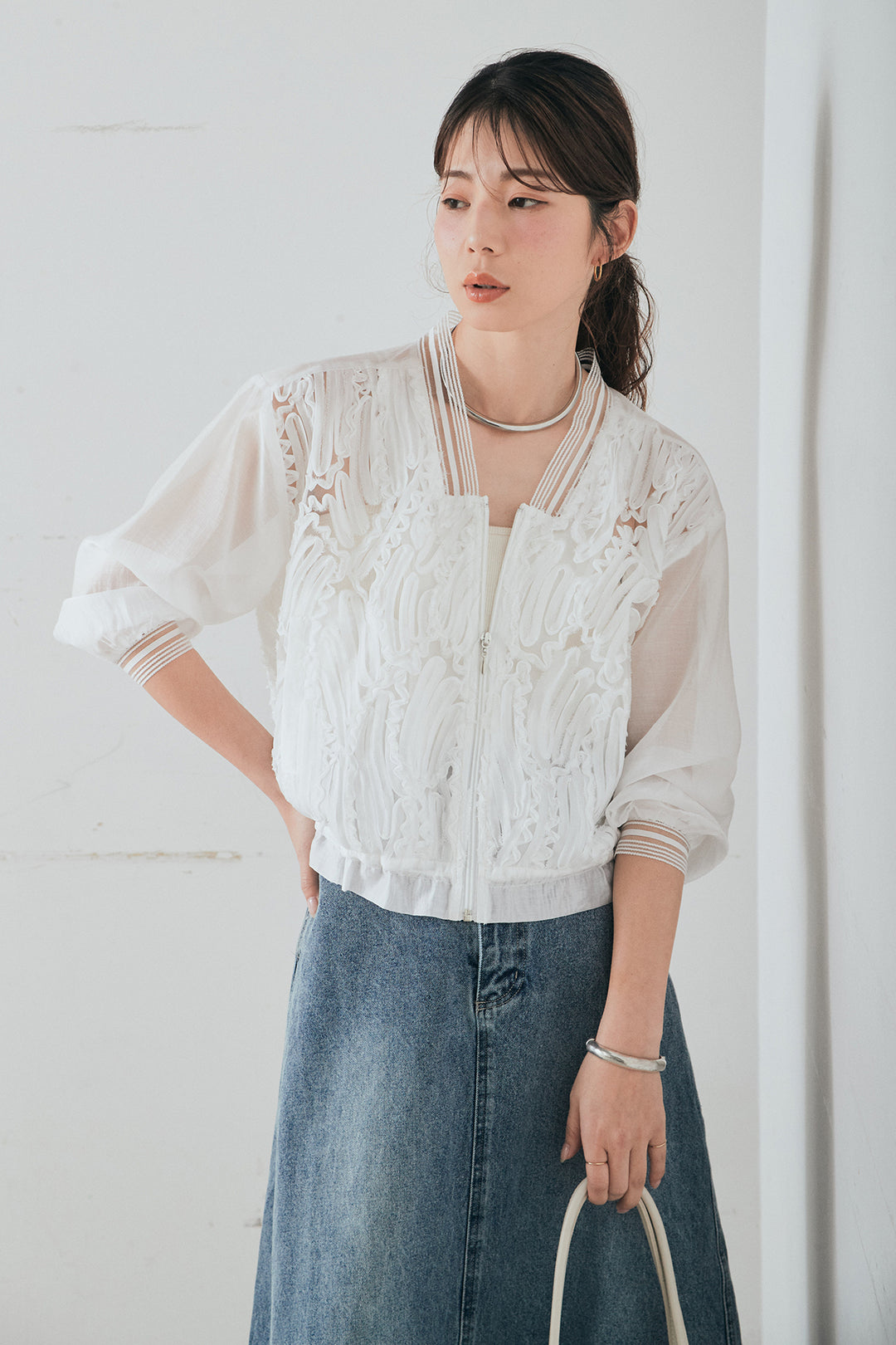 [SET]モチーフ付きシアーブルゾン+デニムロングフレアスカート(2set)