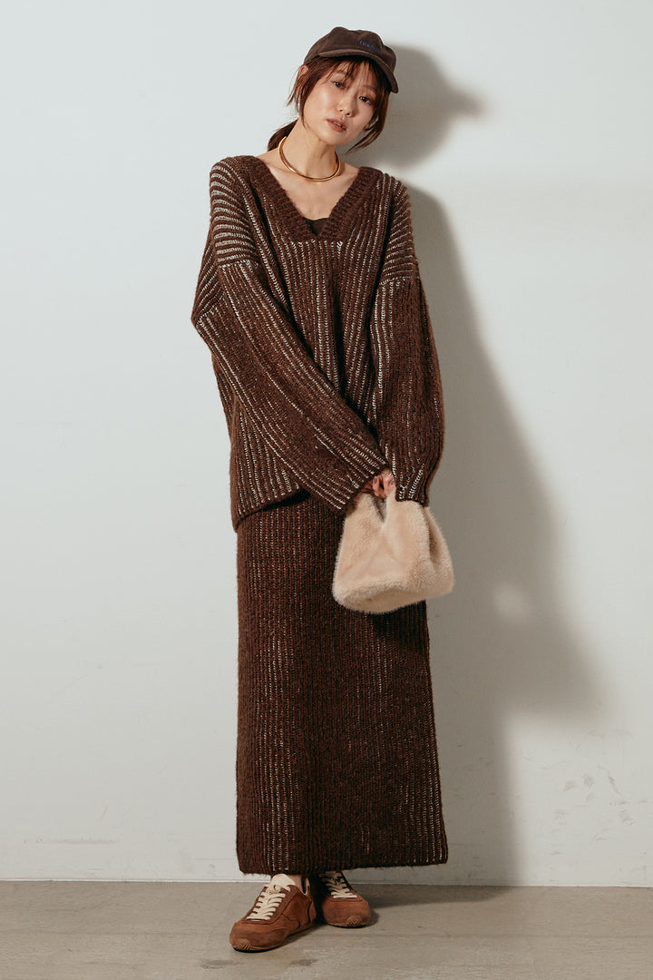 [SET]アルパカタッチ深Vニットトップス+アルパカタッチニットタイトスカート(2set)