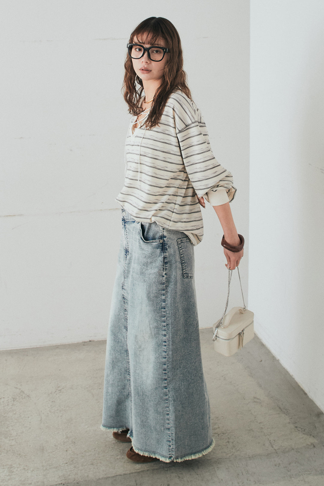 [SET]レースアップワッフルボーダートップス+ウエストクロスデニムタイトスカート(2set)