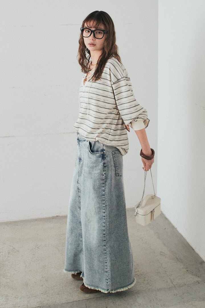 [SET]レースアップワッフルボーダートップス+ウエストクロスデニムタイトスカート(2set)