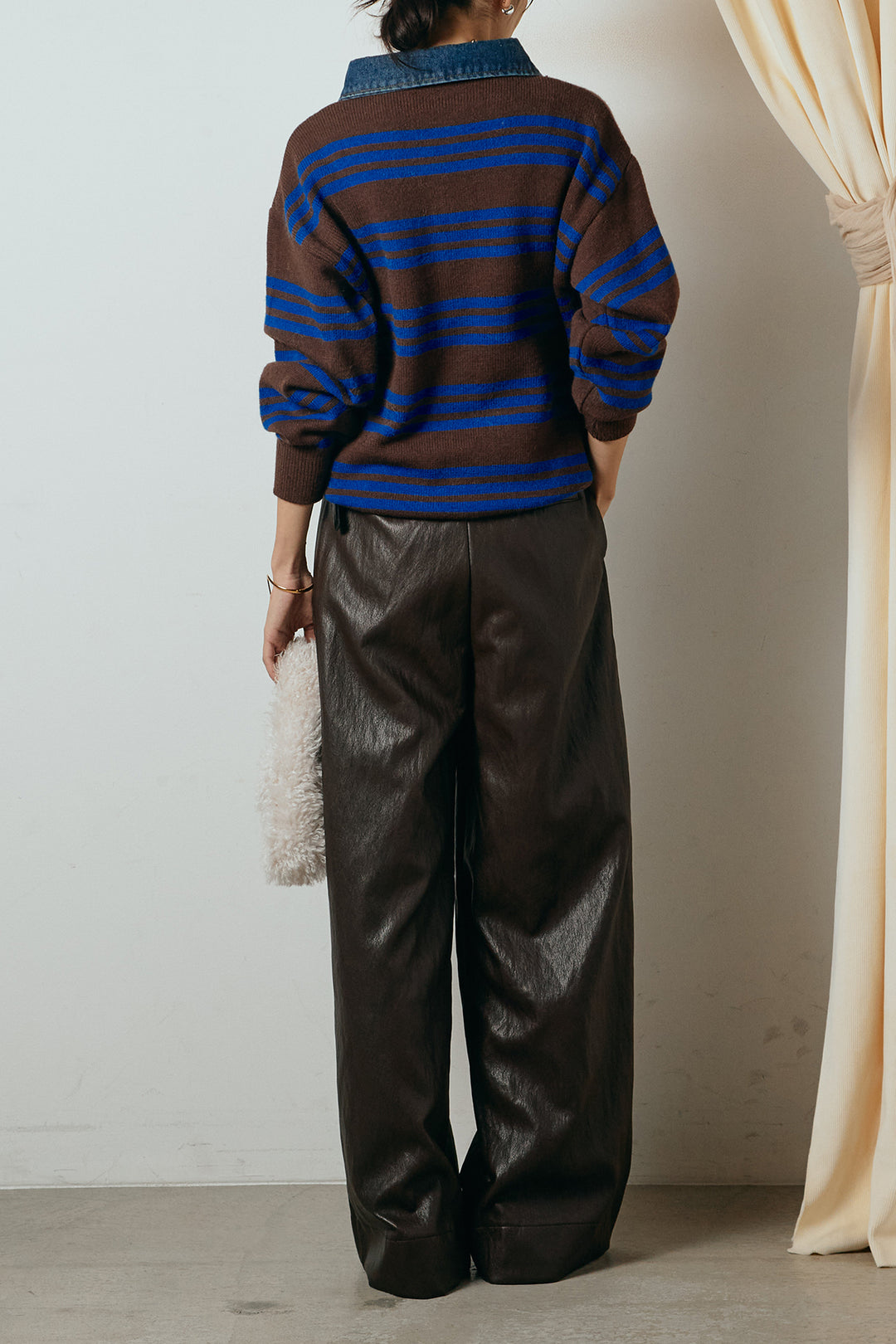 [SET]デニムレイヤード風ランダムボーダーニットプルオーバー+ベルト付きレザーライクタックパンツ(2set)