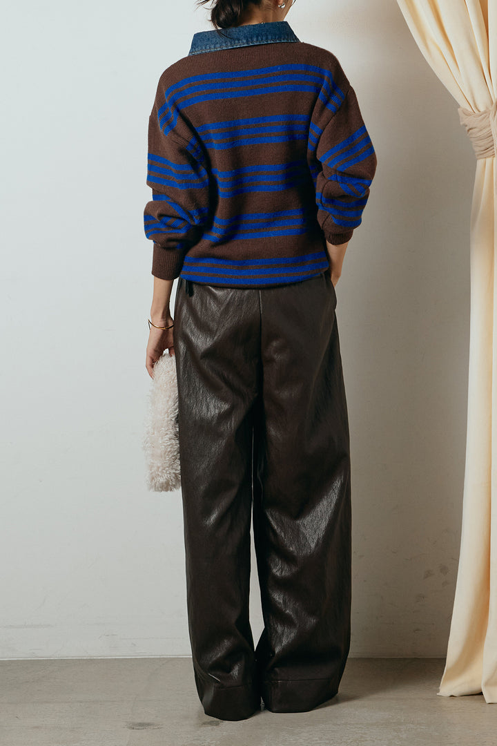 [SET]デニムレイヤード風ランダムボーダーニットプルオーバー+ベルト付きレザーライクタックパンツ(2set)