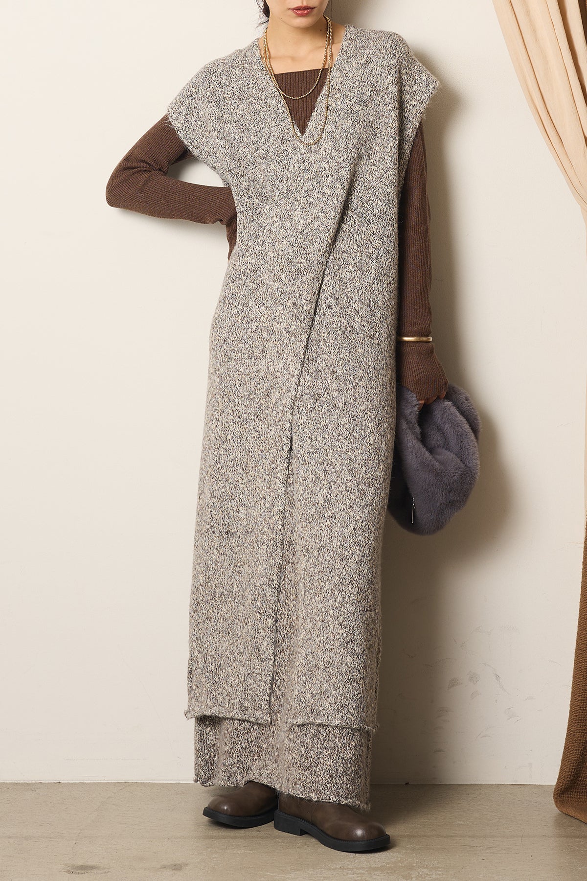 SET]クロスデザインミックスニットワンピース+ミックスワイドニット