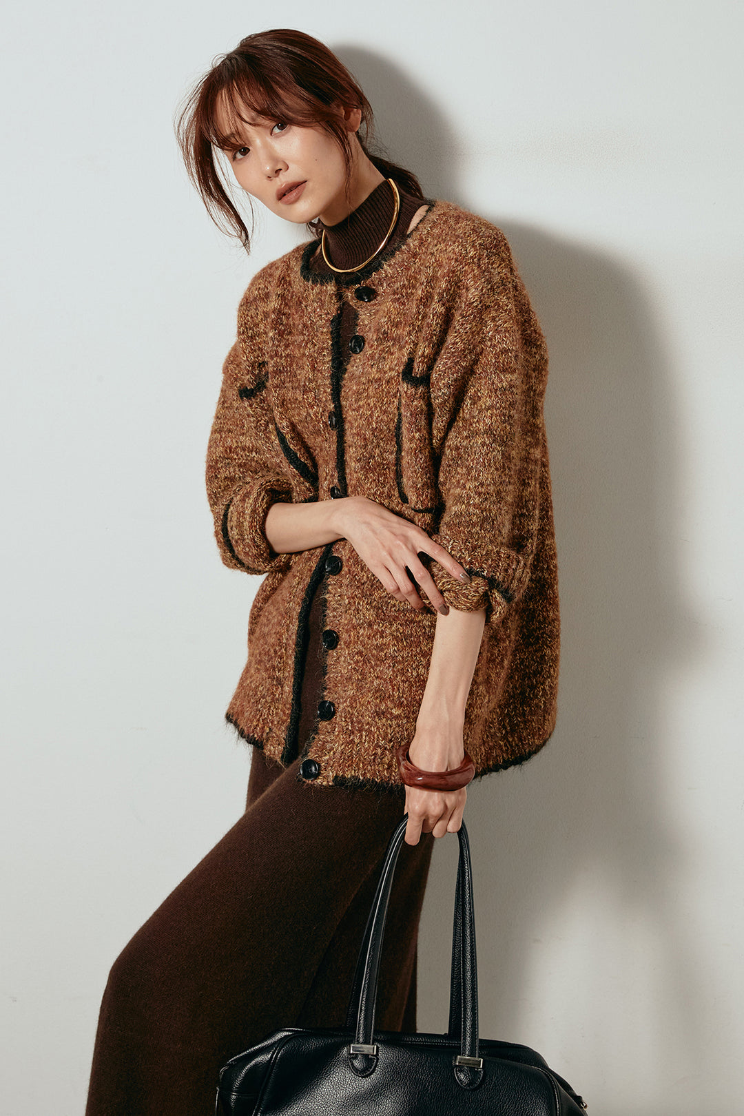 [SET]ミックスニットポケットカーディガン+ノースリーブニットロングワンピース(2set)