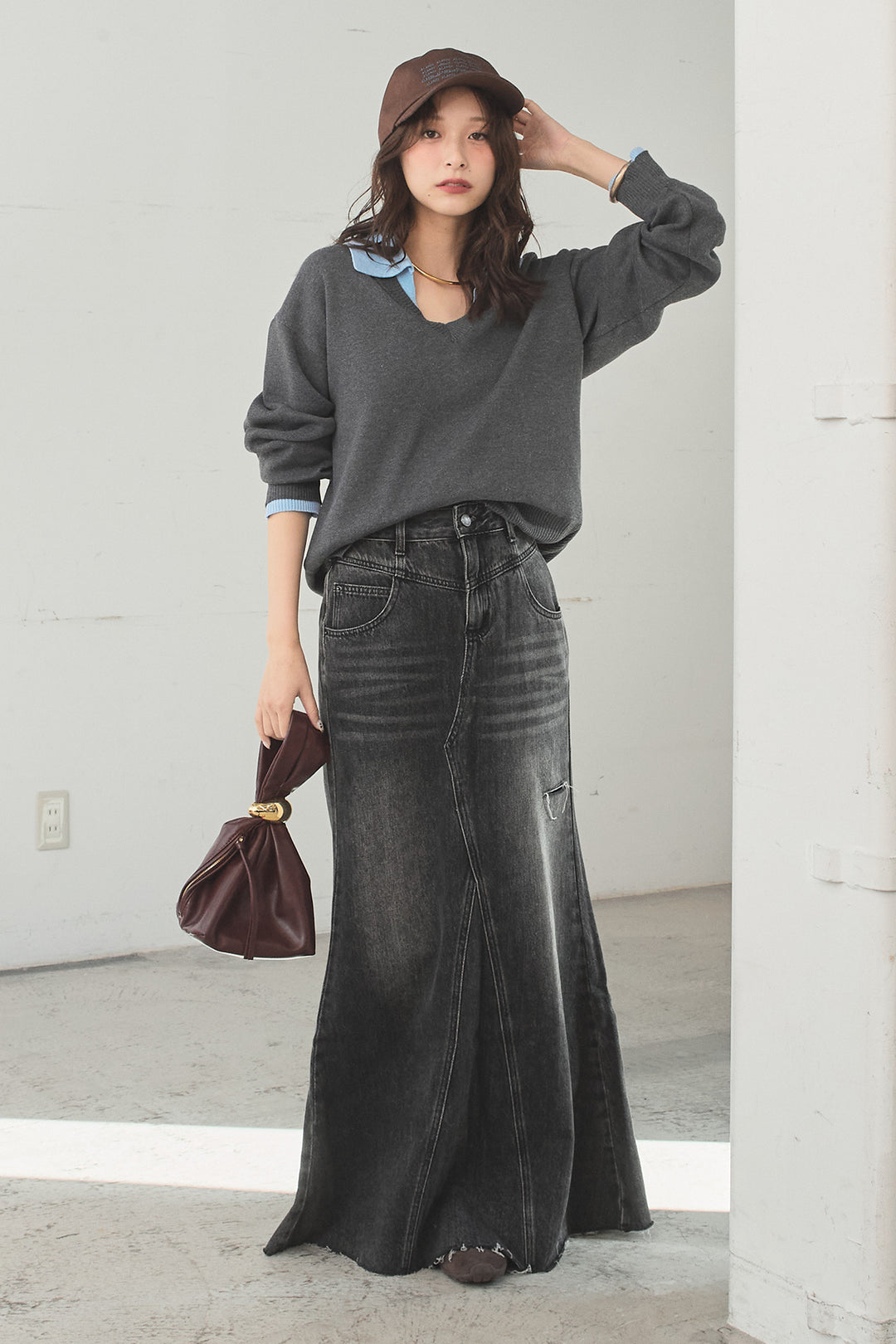 [SET]バイカラーニットレイヤード風プルオーバー+Aラインデニムスカート(2set)