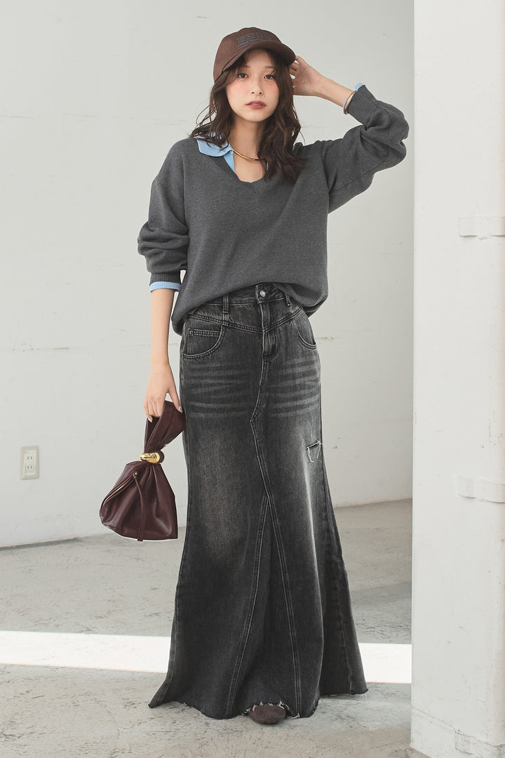 [SET]バイカラーニットレイヤード風プルオーバー+Aラインデニムスカート(2set)