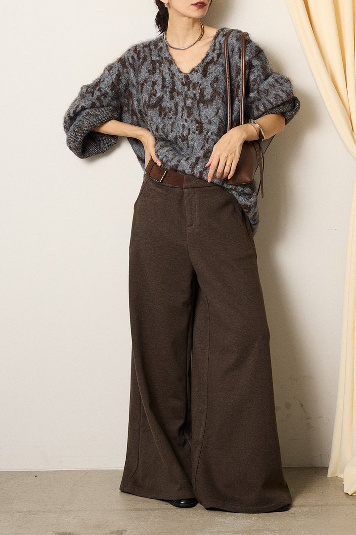 [SET]フラッフィーレオパードシャギーニット+サイドベルトパンツ(2set)