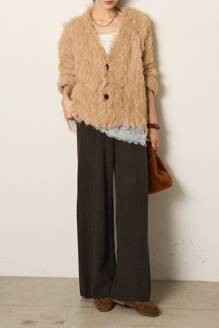 [SET]起毛シャギーニットカーディガン+センターラインニットパンツ+レース切り替えキャミソール(3set)