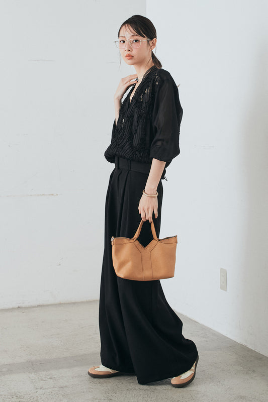 [SET]モチーフ付きシアーブルゾン+ベルト付きツータックワイドパンツ+ベルト付きツータックワイドパンツ(3set)