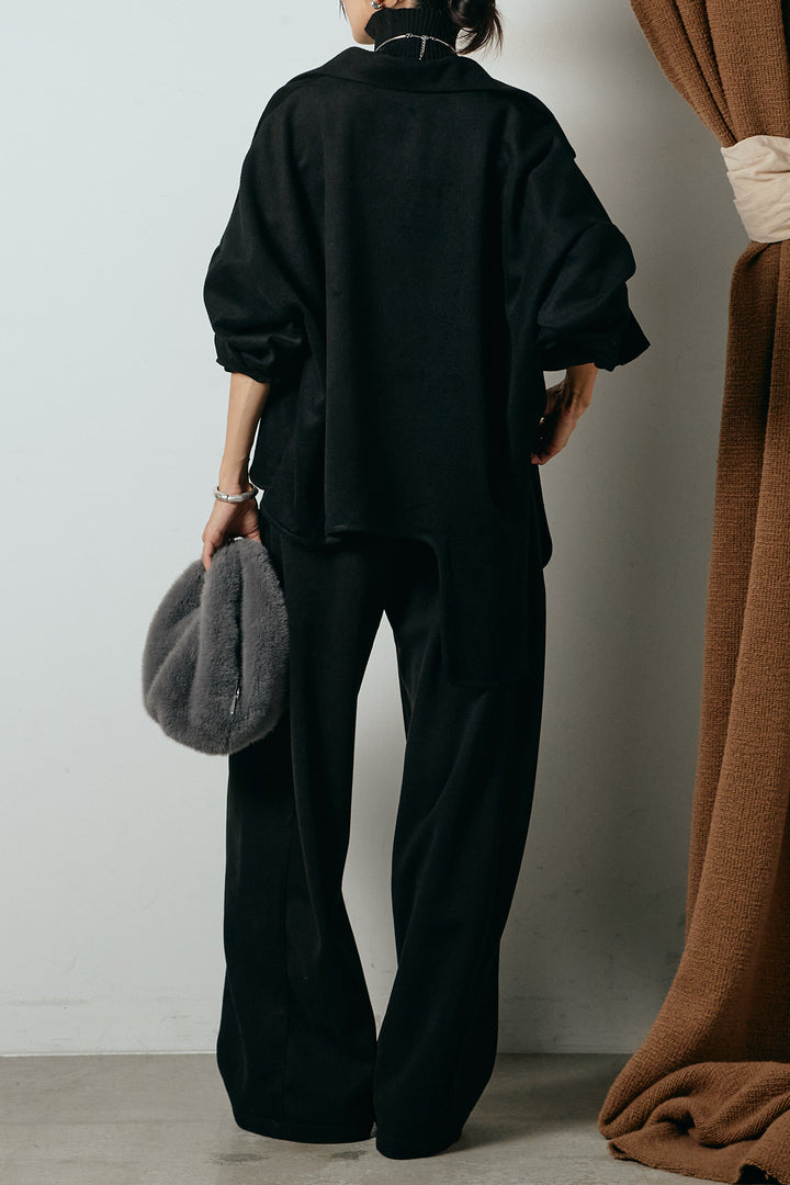 [SET]裾アシンメトリーデザインシャツ+編みベルト付きワイドパンツ+リブニットシームレスタートルプルオーバー(3set)