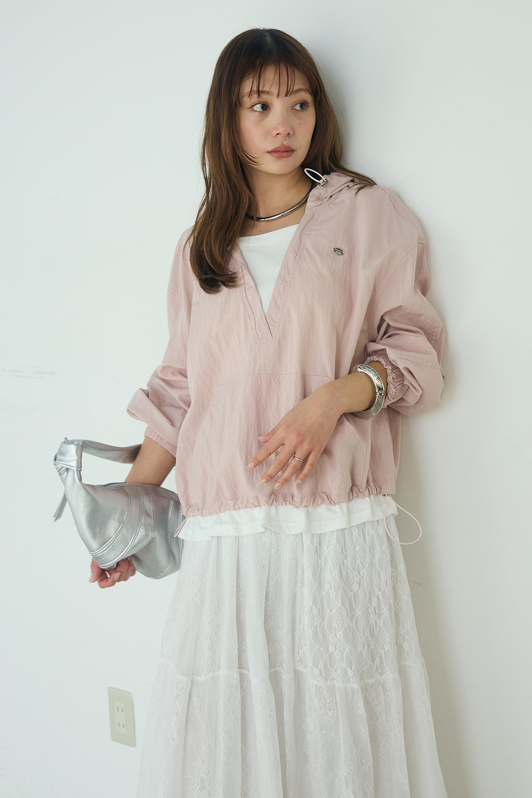 [SET]レイヤードデザインフーディートップス+ひげレース切替ロング丈スカート(2set)