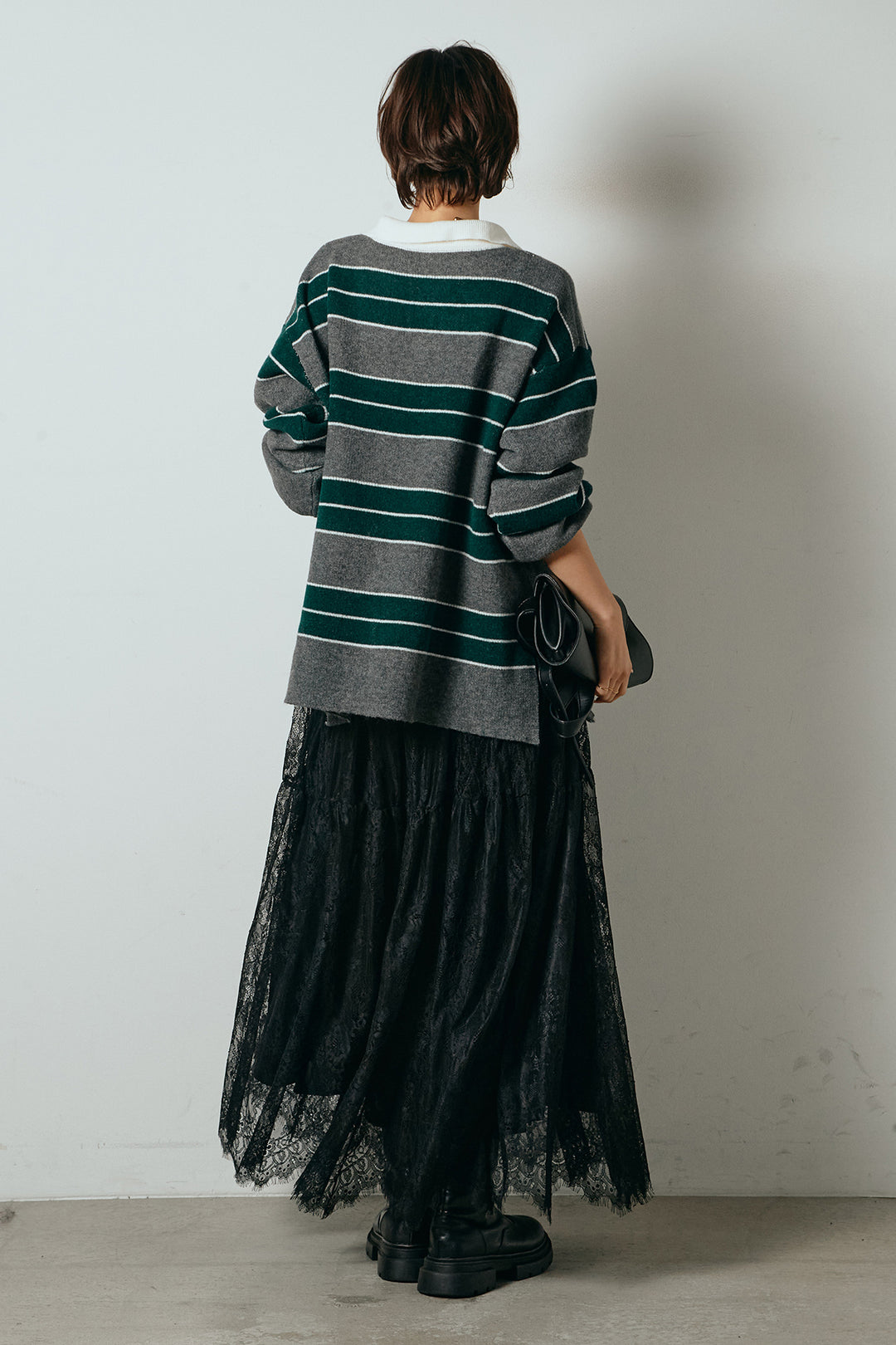 [SET]ラガーニットボーダーポロプルオーバー+ひげレース切替ロング丈スカート(2set)