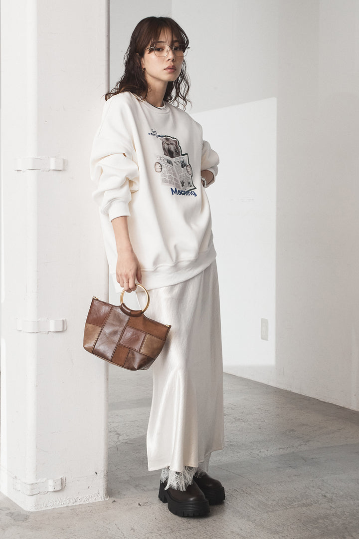 [SET]裏起毛モーニングキャットプリントスウェット+裾レースデザインサテンスカート(2set)