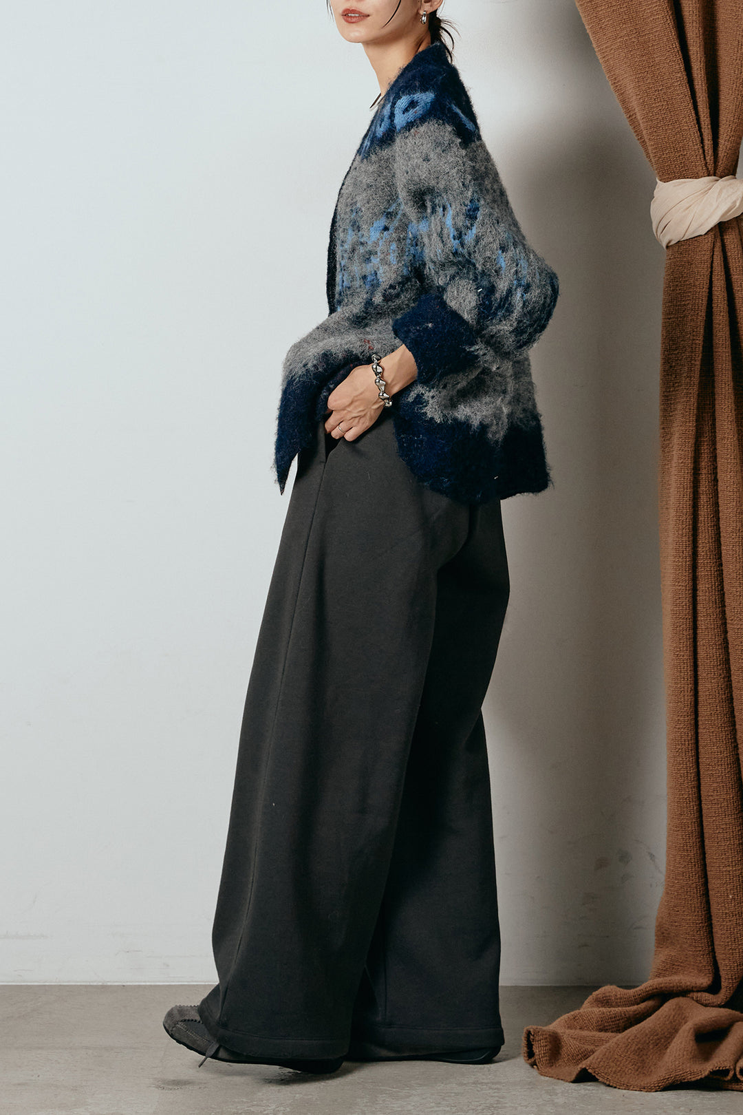 [SET]シャギーニュアンス柄ニットカーディガン+裏起毛スウェットワイドパンツ(2set)